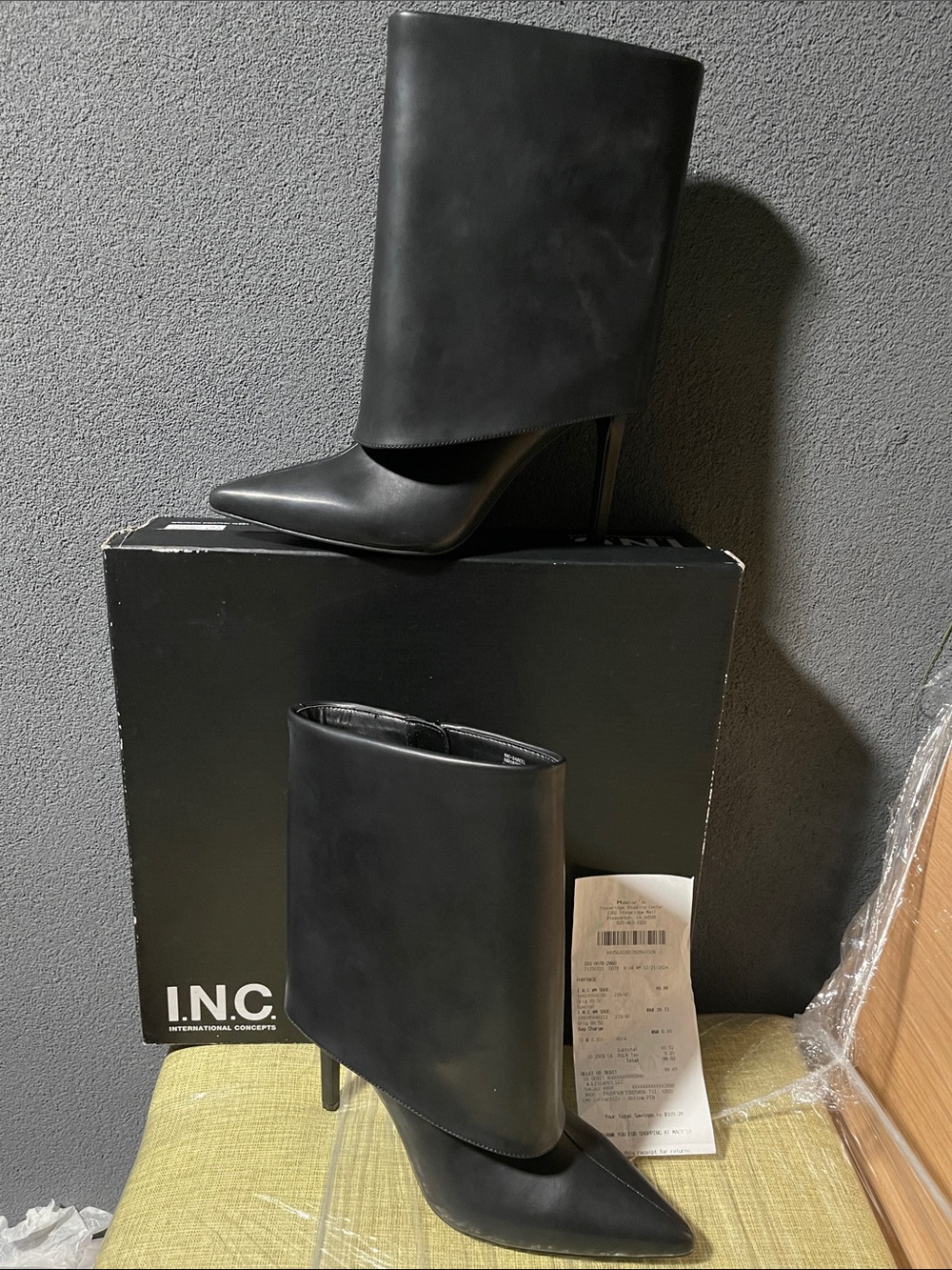 NEW INC International  Women’s Black High-Heel Pointed Toe Fold-Over Boots - Picture 11 of 12